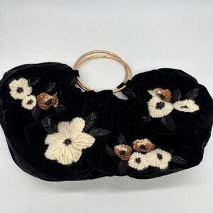 Anthropologie Floral half-moon Black Velvet gold ring Bag clutch Vintage 2000s